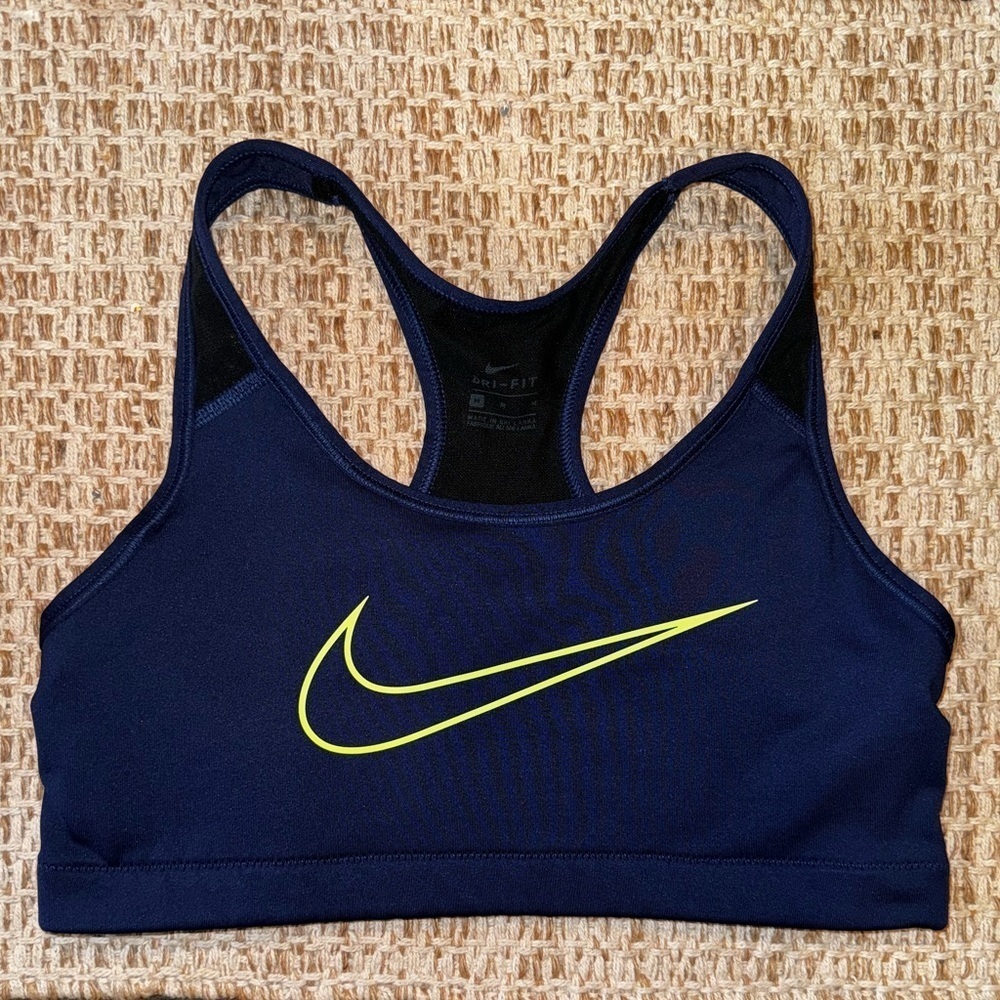Nike Dri Fit Blue & Lime Green Crossed Open Back Athletic Sports Bra Size M